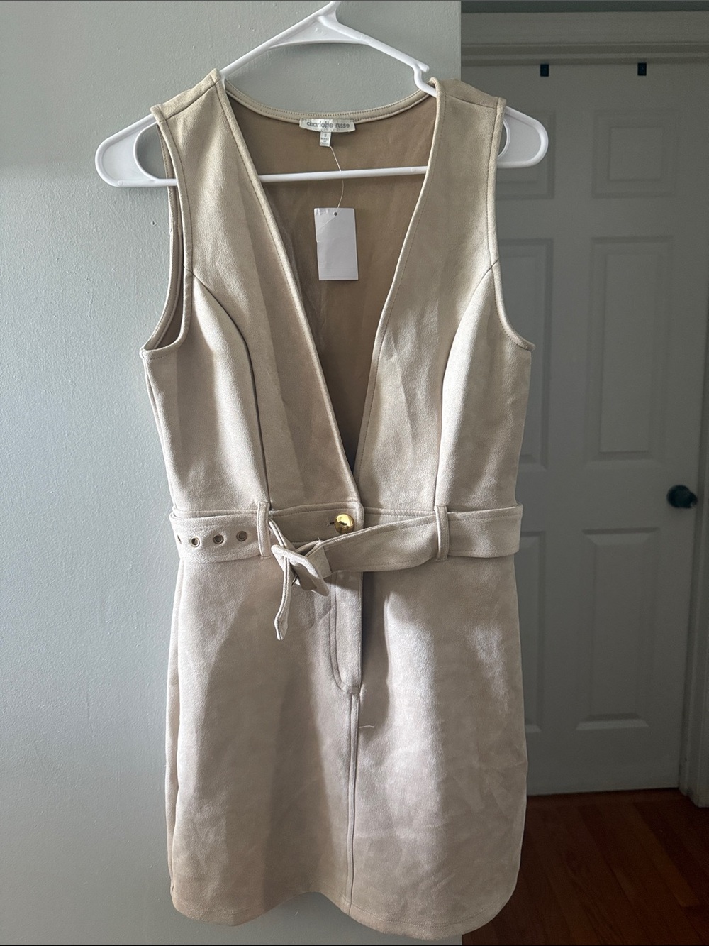 Charlotte Russe Beige Sleeveless Faux-Suede Belted Dress